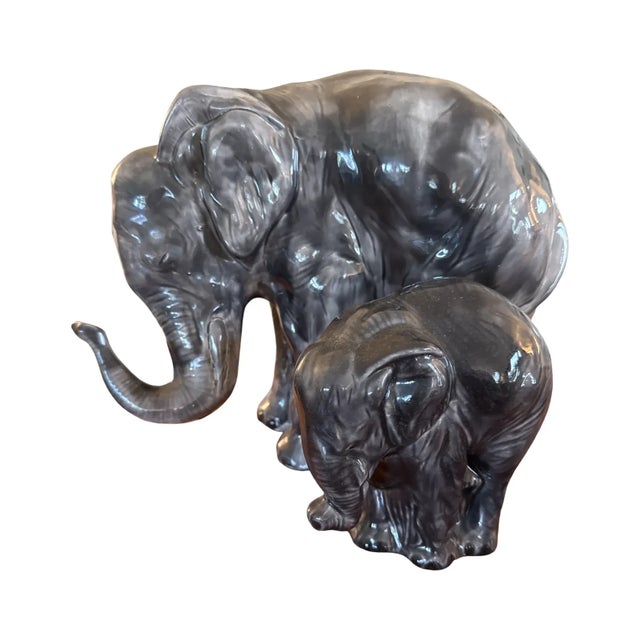 Large Mid-20th Century Japanese Ceramic Elephant Pair – Mother and Calf in Gray Glaze For Sale - Image 9 of 15