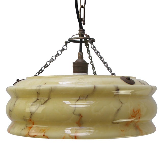 Metal Art Deco Pendant Lamp in Brass and Yellow Glass, France, 1920s For Sale - Image 7 of 7