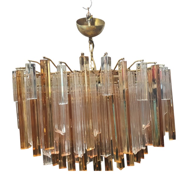 Triedri Model Chandelier in Amber and Transparent Glass from Venini Murano, 1970s For Sale