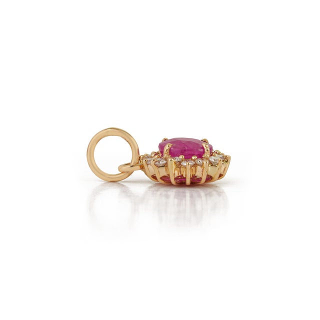 Vintage Inspired Sunburst Ruby & Diamond Halo Pendant in 14k Yellow Gold For Sale In New York - Image 6 of 14