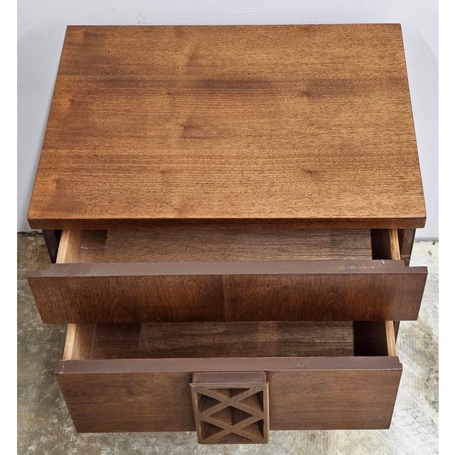 Wood Mid-Century Scandinavian Modern Style Two Drawer Walnut Bedside Table For Sale - Image 7 of 10