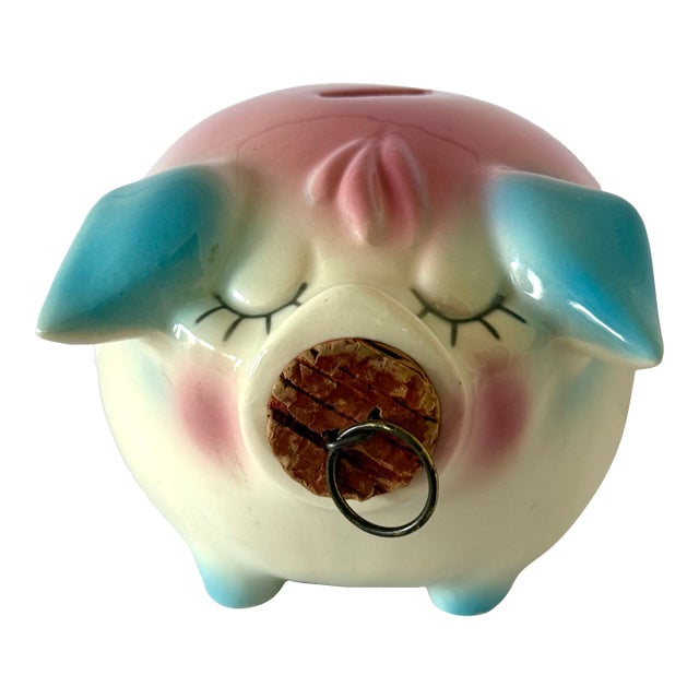 Vintage Hull Corky Piggy Bank W Pink and Blue Highlights 1957 For Sale