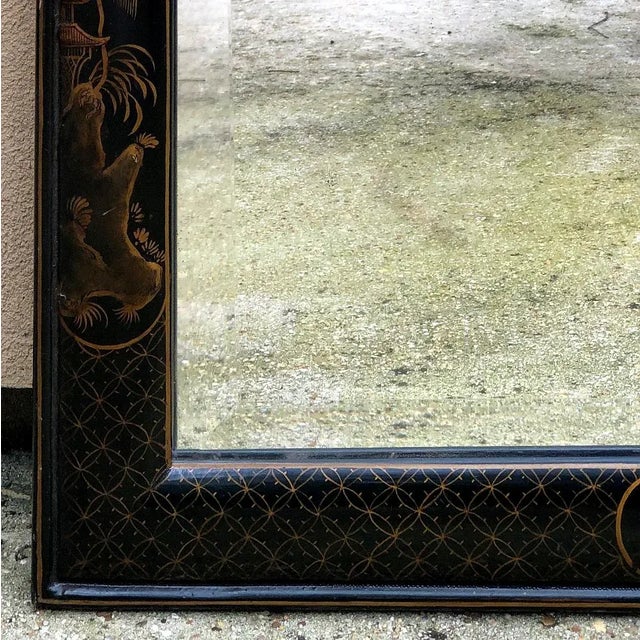 Ebony Antique French Chinoiserie Hand-Painted Beveled Mirror For Sale - Image 8 of 12