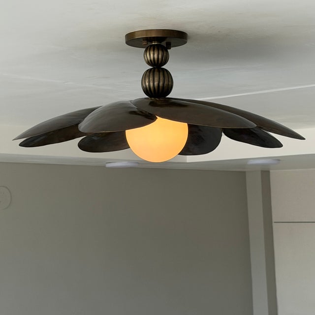 Black Antique Brass Semi Flush Mount Light Fixture, Handmade Flower Ceiling Light For Sale - Image 9 of 18