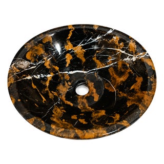 Black & Gold Marble Vessel Sink – Natural Stone Bathroom Basin - 16" X 16" X 6" - By Zarva Stone For Sale