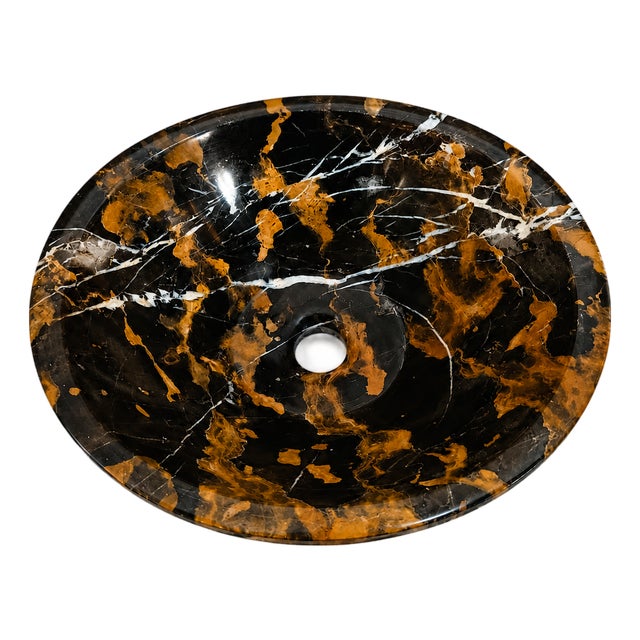 Luxury Black & Gold Marble Vessel Sink – Natural Stone Bathroom Basin - 16" X 16" X 6" - By Zarva Stone For Sale
