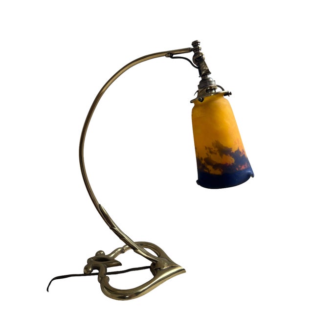 French Art Deco Brass Desk Lamp with Glass Shade from Muller Frères Lunéville, 1920s For Sale - Image 12 of 12