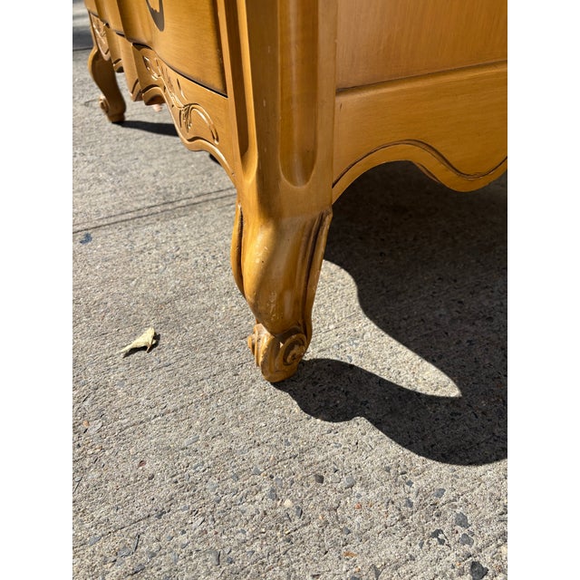 French Provincial Vintage French Provincial Tall Chest, Serpentine Front Highboy With Carved Apron & Scroll Feet For Sale - Image 3 of 12