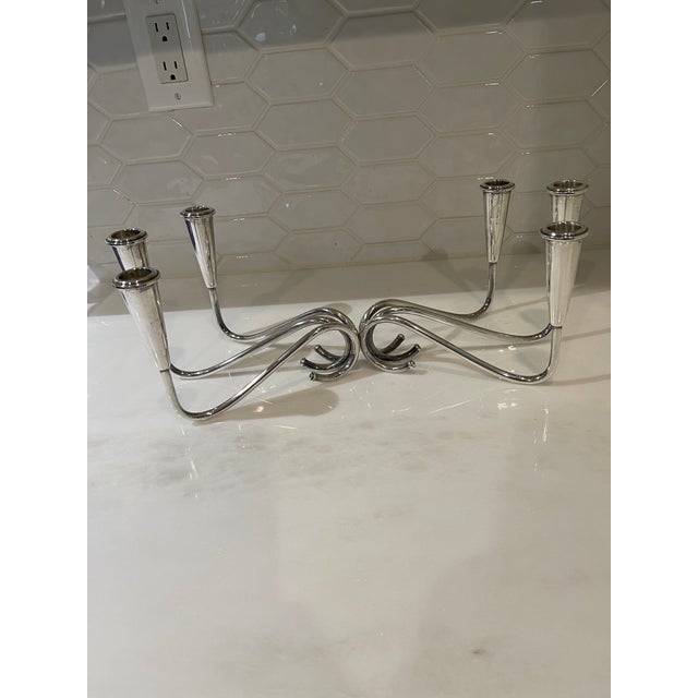 Metal Mid 20th Century Sterling Silver Pair of Bauhaus Candlesticks With 3 Candles Each For Sale - Image 7 of 7
