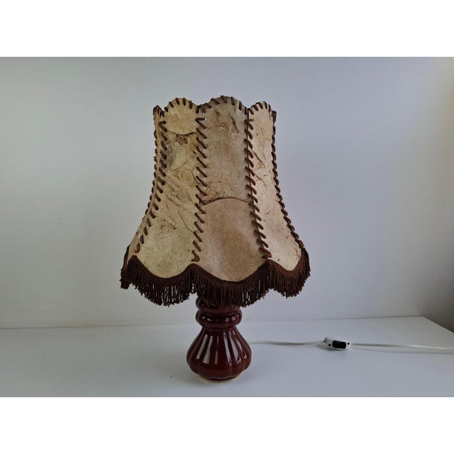 Vintage Ceramic Table Lamp with Hand-Stitched Leather Shade, 1980s For Sale - Image 9 of 18