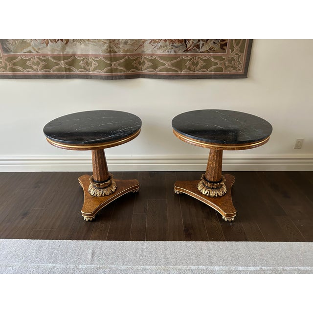 Bronze Late 20th Century Pair of Biedermeier Table Carved Giltwood & Marquina Marble Tops For Sale - Image 8 of 8
