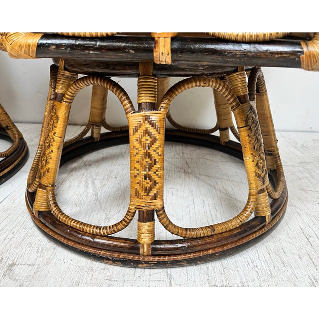 Vintage Ornate Rattan Woven Caning Swivel Chairs- a Pair For Sale - Image 11 of 12