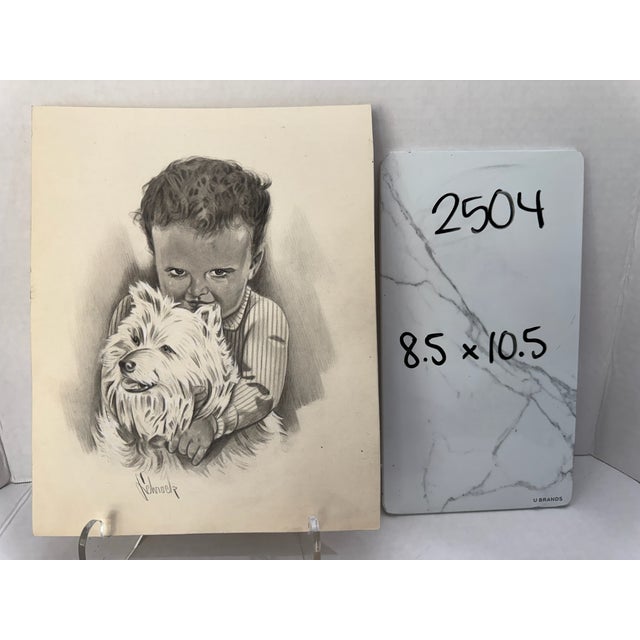 1940s Original Signed Graphite Illustration of Child Embracing Terrier Dog, 10.5 × 8.5 In. For Sale In Atlanta - Image 6 of 6