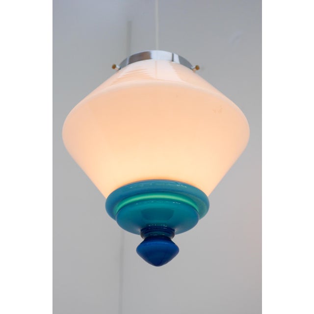 Scandinavian Art Deco Milk Glass Pendant Light with Azure Blue Details, 1930s For Sale - Image 15 of 17