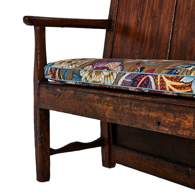 19th Century Wood Bench with Schumacher Zanzibar Linen Print Cushion For Sale - Image 11 of 13