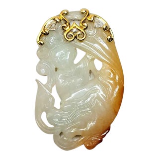 Early 20th Century Gia Certified, Antique Chinese Jade Gold Pendant Goddess Guanyin With Diamond For Sale