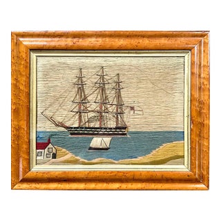 British Sailor's Woolwork of Royal Navy Ship in Bay With House For Sale