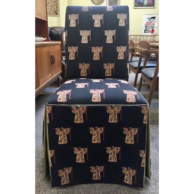 Set of Five Parson Style Custom Chairs With Asian Upholstery, Skirted Bottom With Silk Inner Lining. For Sale - Image 9 of 14