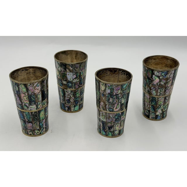 1960s Mexican Abalone Inlay Alpaca Silver Pitcher & 4 Tumblers Barware Set For Sale - Image 17 of 18