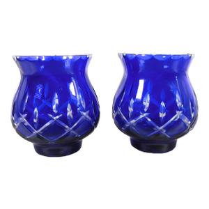 Pair of 1970s Blue Cut to Clear Glasses, Vases, Hurricanes