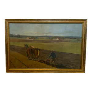 Vintage Farm Scene Oil Painting - Framed