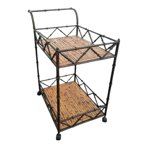 Vintage Iron Faux Bamboo Burnt Split Bamboo British Colonial Bar Cart on Wheels