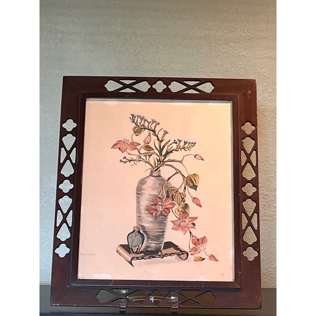 Vintage Harrison Chinoiserie Floral Still Life Fretwork Wood Frame 19x15.5 For Sale - Image 6 of 7