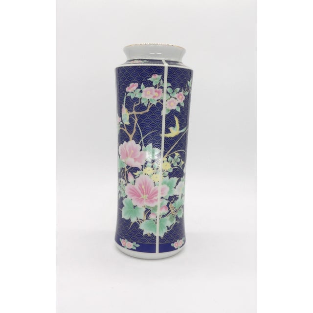 Ceramic Vintage 11" Japanese Porcelain Vase — Cobalt Blue Seigaiha Wave Ground, Famille Rose Peonies & Birds, Gold Accents For Sale - Image 7 of 9