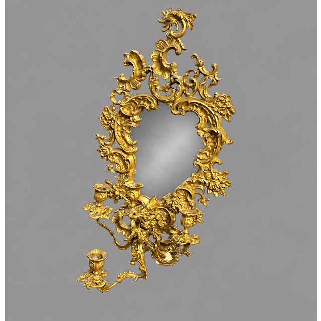Gold Antique Rococo Revival Gilt Cast Metal Mirrored Wall Sconce Candelabra 28.5” For Sale - Image 8 of 12