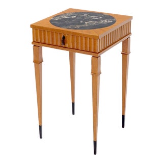 1990s Square Round Black Marble Insert Top One Drawer Accent Table For Sale