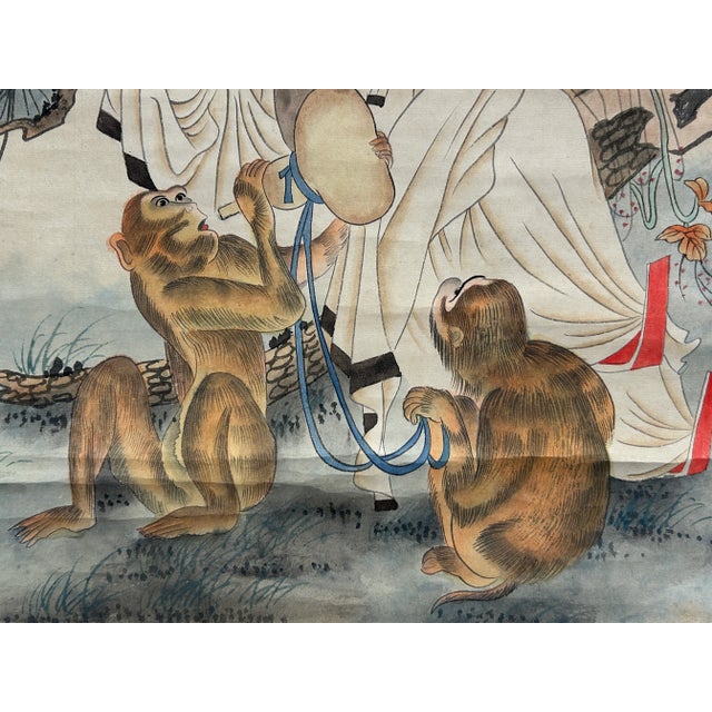 Oriental Scholar Monkeys Ink Brush Color Scroll Painting Wall Art For Sale - Image 10 of 11