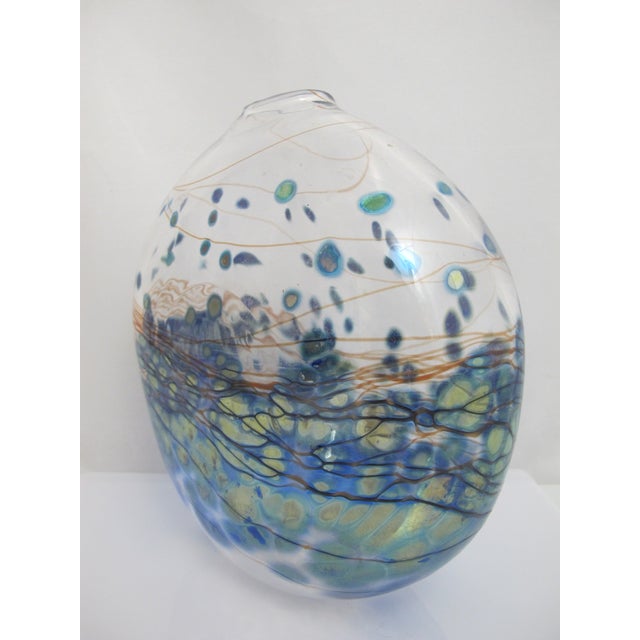 Late 20th Century Donald Carlson Pacific Nw Blue Green Studio Art Glass Spherical Vase For Sale - Image 5 of 10