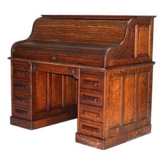 Antique Arts & Crafts Oak Raised Panel S-Roll Top Desk With Full Interior C1900 For Sale