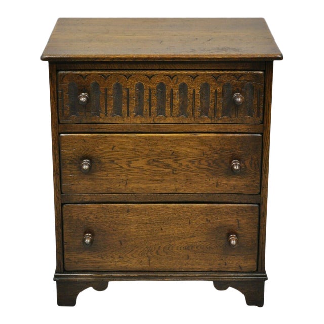 Vintage Jaycee Furniture Oak Wood English Jacobean 3 Drawer Small Chest