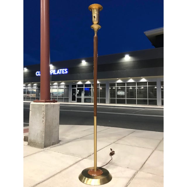 Danish Modern Walnut & Brass Torchiere Floor Lamp Manner of Gerald Thurston for Lightolier For Sale - Image 13 of 13