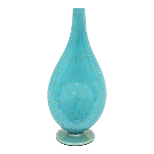 MId Century Modern Murano Barovier E Toso Turquoise Glass Bottle or Vase With Gold Droplets For Sale