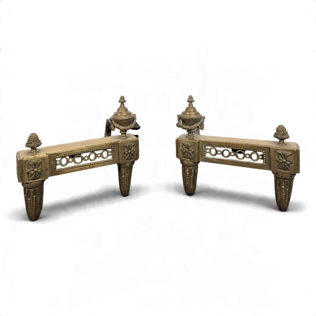 Gold Louis XVI Style Brass Andirons with Fire Pots, Set of 2 For Sale - Image 8 of 8
