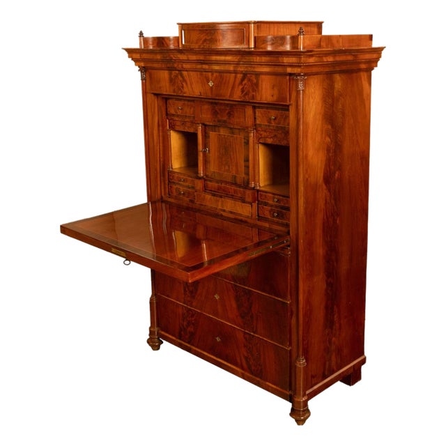 Antique Austrian Flame Mahogany Inlaid Rosewood Biedermeier Secretary Chest 1820 For Sale