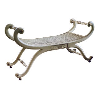 Vintage French Neoclassical, Hollywood Regency Style Caned Wooden Window Bench in Ivory With Gilded Accents For Sale