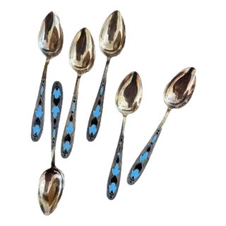 Mid 20th Century Art Deco Silver Cloisonne' Enamel Dematasse Spoons - Set of 6 For Sale