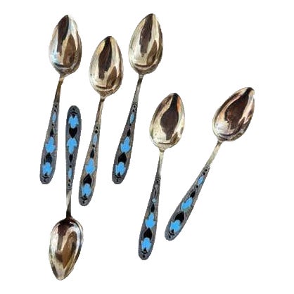 Mid 20th Century Art Deco Silver Cloisonne' Enamel Dematasse Spoons - Set of 6 For Sale