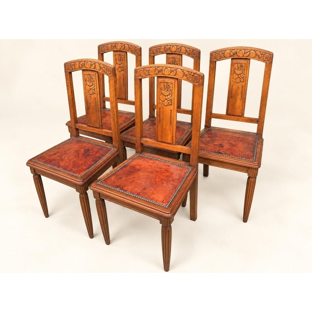Art Deco Chairs in Carved Walnut with Studded Leather Seats, 1920s, Set of 5 For Sale - Image 3 of 11