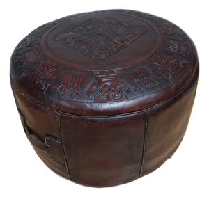 Round Saddle Leather Ottoman with Reliëf Mayan Motifs from Angel Pazmino, 1970s