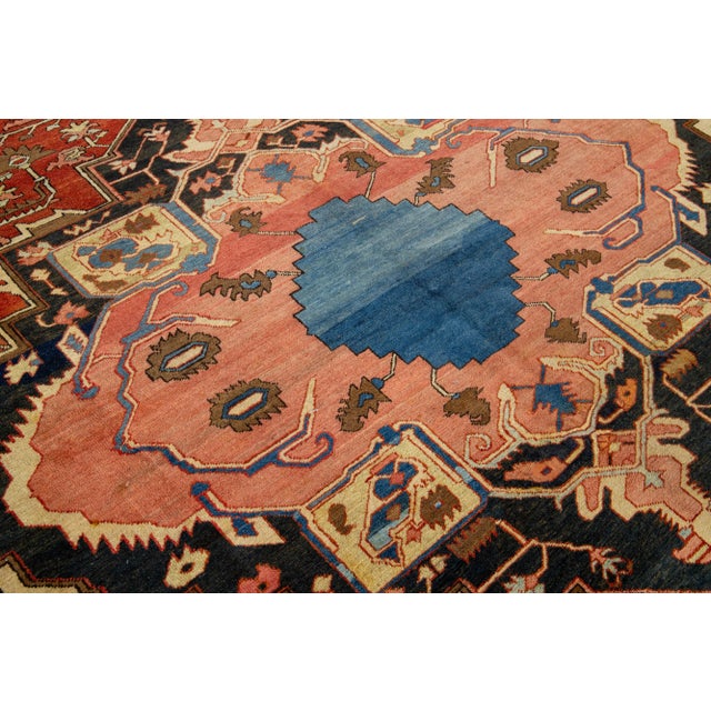 1870s Antique Wool Rug Persian Serapi Featuring a Medallion Motif in Rust Color For Sale In New York - Image 6 of 8