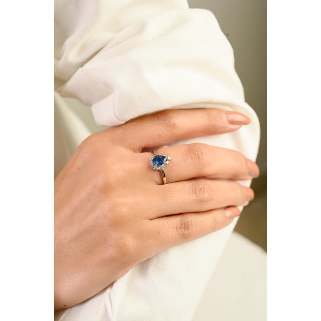 Natural Blue Sapphire Diamond Pear Engagement Ring Size 8 in 14k White Gold For Sale In New York - Image 6 of 13