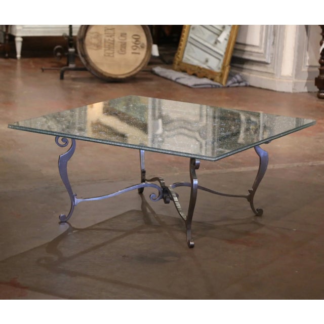 Metal Mid-Century French Iron Coffee Table With Crackle Glass Top For Sale - Image 7 of 11