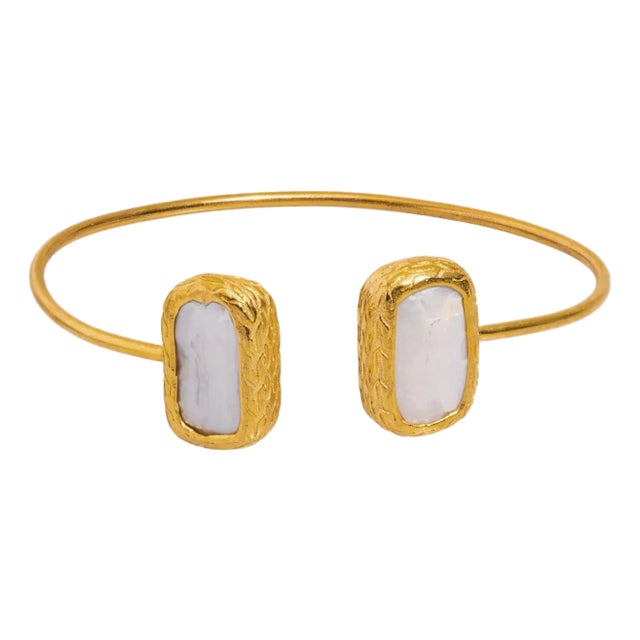 Double Pearl Stone Open Cuff Bangle Gold Bracelet For Sale