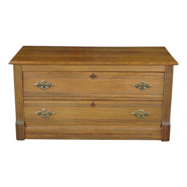 Antique Victorian Oak Two Drawer Lowboy Dresser Blanket Chest Tv Console Bench 43" For Sale