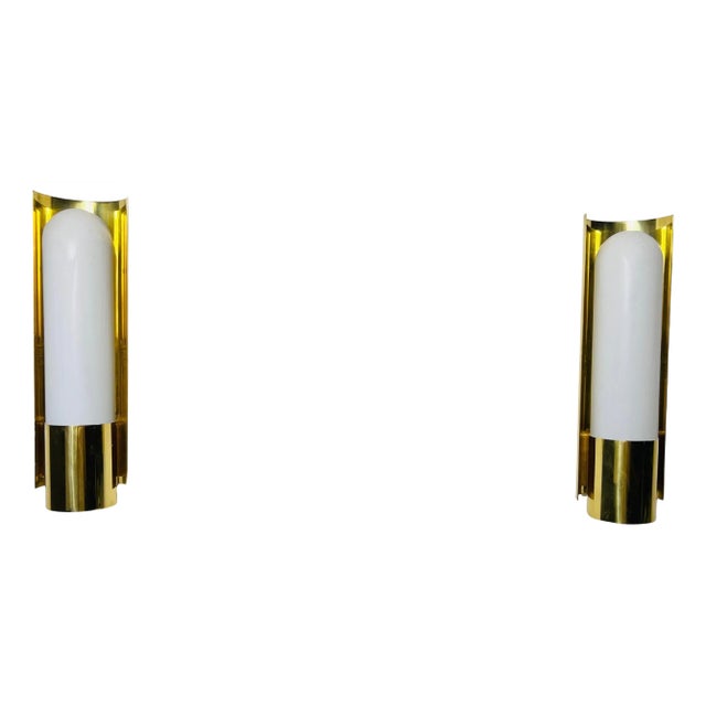 Pair of Brass and Opaline Glass Wall Lamps by Glashütte Limburg, 1960s For Sale
