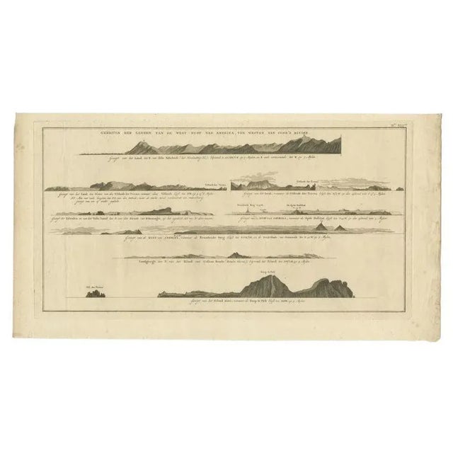 Antique print America titled 'Gezigten der Landen van de West-Kust van Amerika, ten westen van Cook's Voyage'. Coastal...